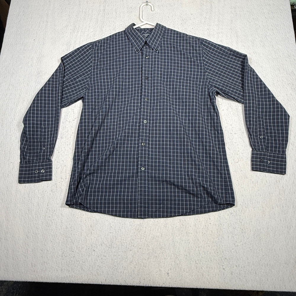 Dockers Mens Large Navy Blue Grid Stain Defender No Wrinkles Button Down Shirt